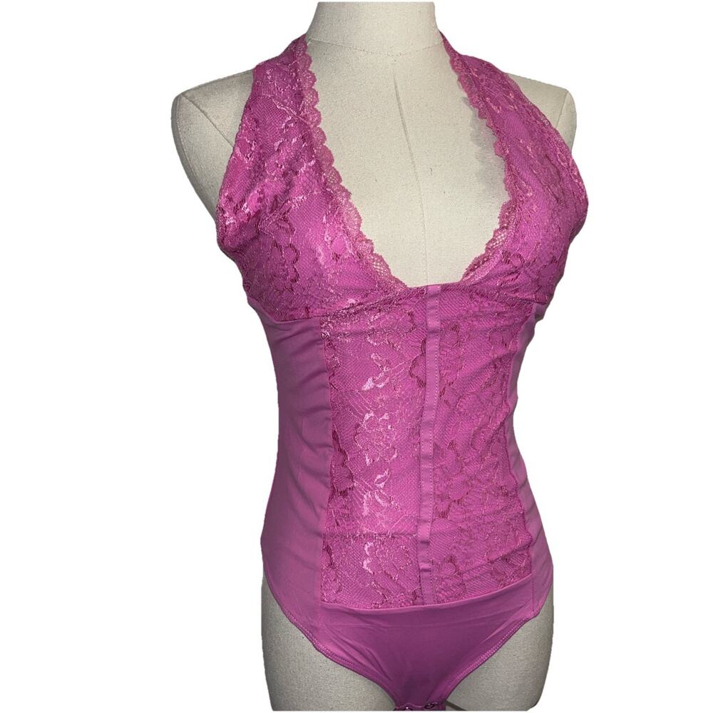 UNCOOYEE Sexy Floral Lace Thong Bodysuit Halter VNeck Sleeveless Backless Pink S